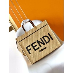 Borsa tote media Fendi Sunshine paglia nera e naturale