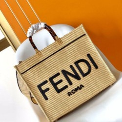 Borsa tote media Fendi Sunshine paglia nera e naturale