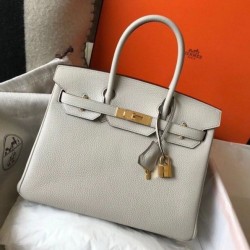 Hermes Pearl Grey Clemence Birkin 30cm Borsa GHW