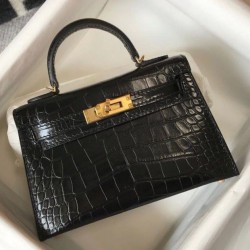 Hermes Kelly Mini II Borsa Nero Embossed Crocodile