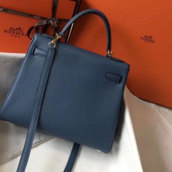Borsa Hermes Kelly 28cm Retourne blu agata Clemence