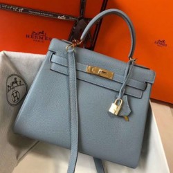 Hermes Kelly 28cm Retourne Borsa Blue Lin Clemence