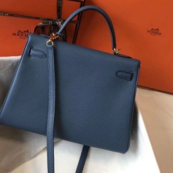 Borsa Hermes Kelly 32cm Retourne blu agata Clemence