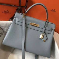 Hermes Kelly 32cm Retourne Borsa Blu Lin Clemence
