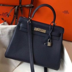 Hermes Kelly 32cm Retourne Borsa Blu Navy Clemence