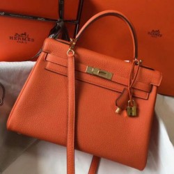 Hermes Kelly 32cm Retourne Borsa Arancione Clemence