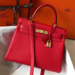 Hermes Kelly 32cm Retourne Borsa Rossa Clemence