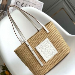 Loewe Piccolo Square Basket Borsa Raffia e vitello bianca