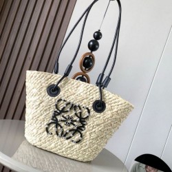Loewe Piccolo Anagram Basket Borsa Iraca Palm e Vitello Nero