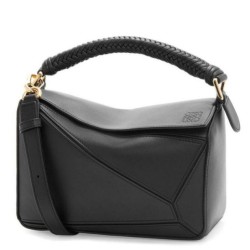 Loewe Puzzle Piccolo Borsa Nero Vitello con Manico Intrecciato