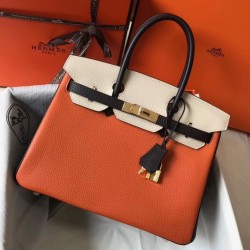 Borsa Hermes Birkin tricolore 30 cm in pelle Clemence arancione/bianca/nera