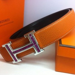 Hermes in pelle di vitello viola Diamante H Belt HB119 Camel Argento