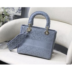 Borsa a spalla ricamata Christian Dior Medium Lady D-Lite blu