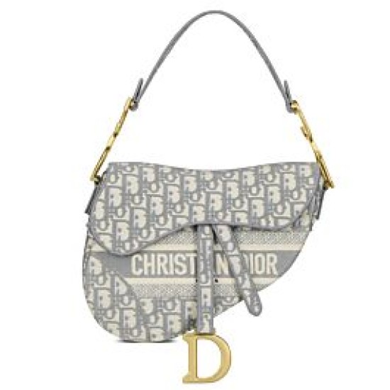 Replica Borsa Christian Dior Saddle Original Oblique in tela ricamata grigia