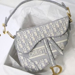 Borsa Christian Dior Saddle Original Oblique in tela ricamata grigia