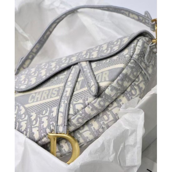 Replica Borsa Christian Dior Saddle Original Oblique in tela ricamata grigia