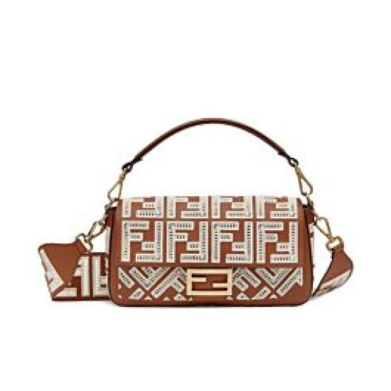 Replica Borsa Baguette In Pelle Con Ricamo FF 8BR600 Caffè Replica Borsa Baguette In Pelle Con Ricamo FF 8BR600 Caffè