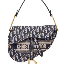 Sella Christian Dior Borsa obliqua originale in tela ricamata Blu scuro
