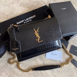 Borsa media YSL Saint Laurent Sunset con finiture in oro goffrato coccodrillo