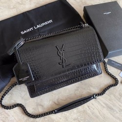 Borsa media YSL Saint Laurent Sunset in hardware nero goffrato coccodrillo
