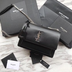 Borsa YSL Saint Laurent Medium Sunset liscia nera argento