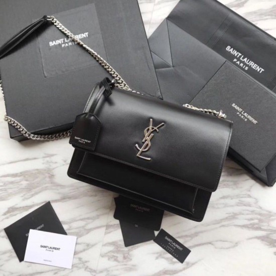 Replica Borsa YSL Saint Laurent Medium Sunset liscia nera argento Replica Borsa YSL Saint Laurent Medium Sunset liscia nera argento