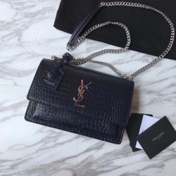 Borsa YSL Saint Laurent Media da sole lucida blu coccodrillo a rilievo