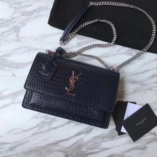 Replica Borsa YSL Saint Laurent Media da sole lucida blu coccodrillo a rilievo Replica Borsa YSL Saint Laurent Media da sole lucida blu coccodrillo a rilievo