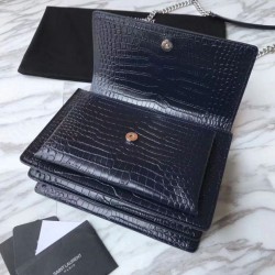 Borsa YSL Saint Laurent Media da sole lucida blu coccodrillo a rilievo