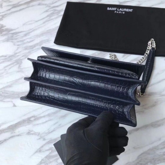 Replica Borsa YSL Saint Laurent Media da sole lucida blu coccodrillo a rilievo Replica Borsa YSL Saint Laurent Media da sole lucida blu coccodrillo a rilievo