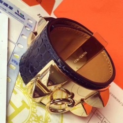 Bracciale Hermes Collier de Chien in alligatore blu scuro taglia S