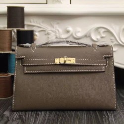 Borse Hermes Kelly Pochette in pelle Etain Epsom