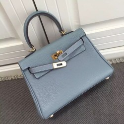 Hermes Kelly 25CM Borsa Blu Lake Clemence Pelle