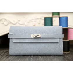 Hermes Kelly Longue Portafoglio in pelle blu Lin Clemence
