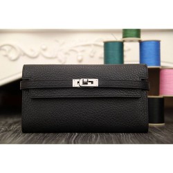 Portafoglio Hermes Kelly Longue in pelle nera Clemence