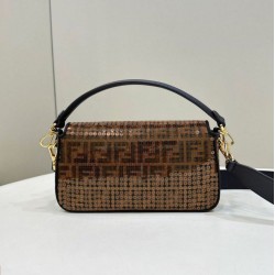 Borsa Fendi Baguette Medium FF in tessuto jacquard con paillettes Marrone