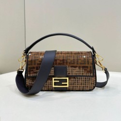 Borsa Fendi Baguette Medium FF in tessuto jacquard con paillettes Marrone