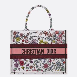 Borsa tote media Dior Book Tote multicolore con ricamo Florilegio bianco