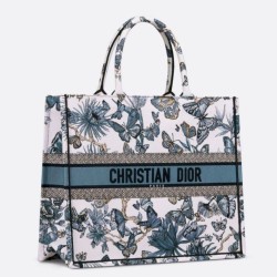 Borsa tote grande per libri Dior Toile de Jouy Mexico ricamo bianco/blu