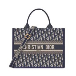 Christian Dior Borsa tote media Dior Book Blu scuro Ricami Dior Oblique e pelle di vitello