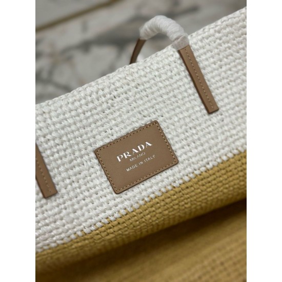 Replica Prada Borsa tote grande Prada all'uncinetto in filato effetto rafia Beige/Bianco