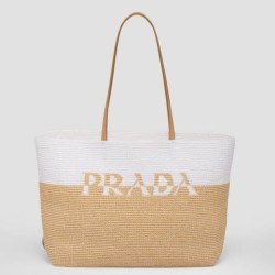 Prada Borsa tote grande Prada all'uncinetto in filato effetto rafia Beige/Bianco