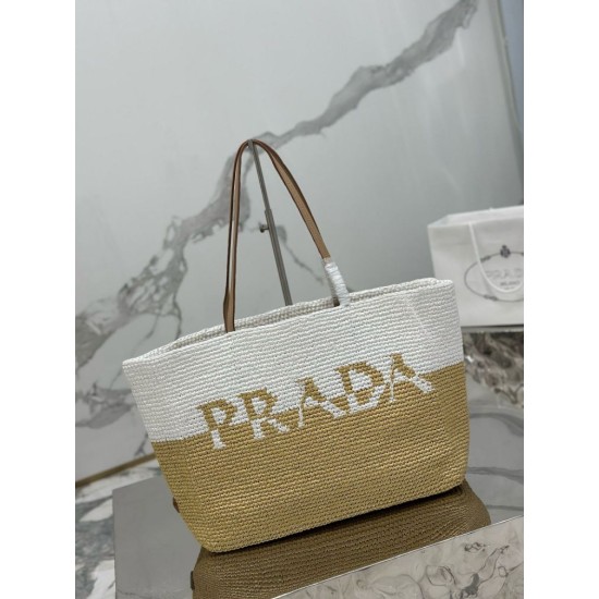 Replica Prada Borsa tote grande Prada all'uncinetto in filato effetto rafia Beige/Bianco