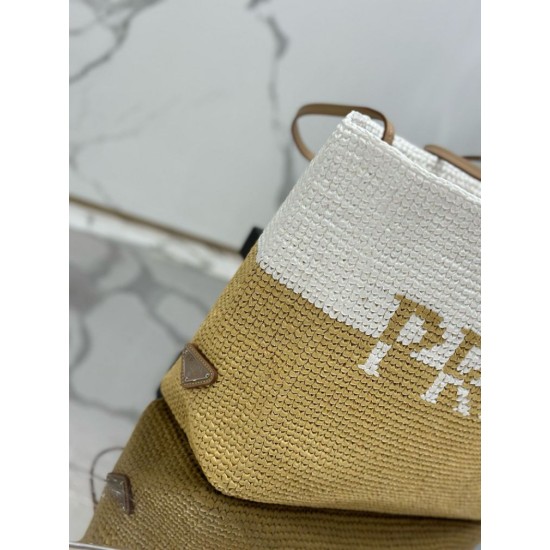 Replica Prada Borsa tote grande Prada all'uncinetto in filato effetto rafia Beige/Bianco