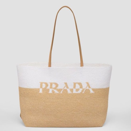 Replica Prada Borsa tote grande Prada all'uncinetto in filato effetto rafia Beige/Bianco