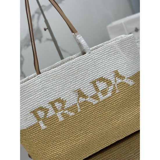 Replica Prada Borsa tote grande Prada all'uncinetto in filato effetto rafia Beige/Bianco