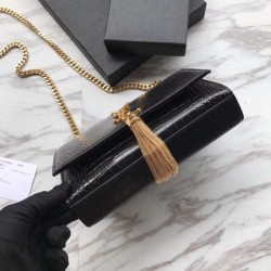 Portafoglio catena YSL Saint Laurent Mini Kate in pelle stampata coccodrillo hardware in oro nero