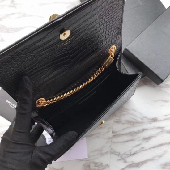 Replica Portafoglio catena YSL Saint Laurent Mini Kate in pelle stampata coccodrillo hardware in oro nero Replica Portafoglio catena YSL Saint Laurent Mini Kate in pelle stampata coccodrillo hardware in oro nero