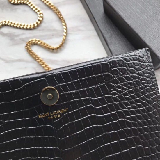 Replica Portafoglio catena YSL Saint Laurent Mini Kate in pelle stampata coccodrillo hardware in oro nero Replica Portafoglio catena YSL Saint Laurent Mini Kate in pelle stampata coccodrillo hardware in oro nero
