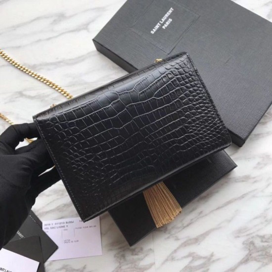 Replica Portafoglio catena YSL Saint Laurent Mini Kate in pelle stampata coccodrillo hardware in oro nero Replica Portafoglio catena YSL Saint Laurent Mini Kate in pelle stampata coccodrillo hardware in oro nero